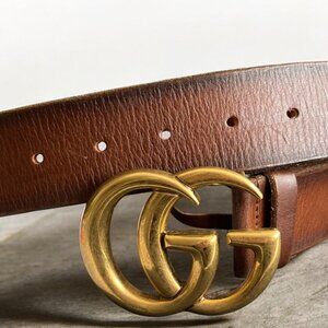 Gucci GG Marmont Brown Leather Double G Belt - Size 100/40